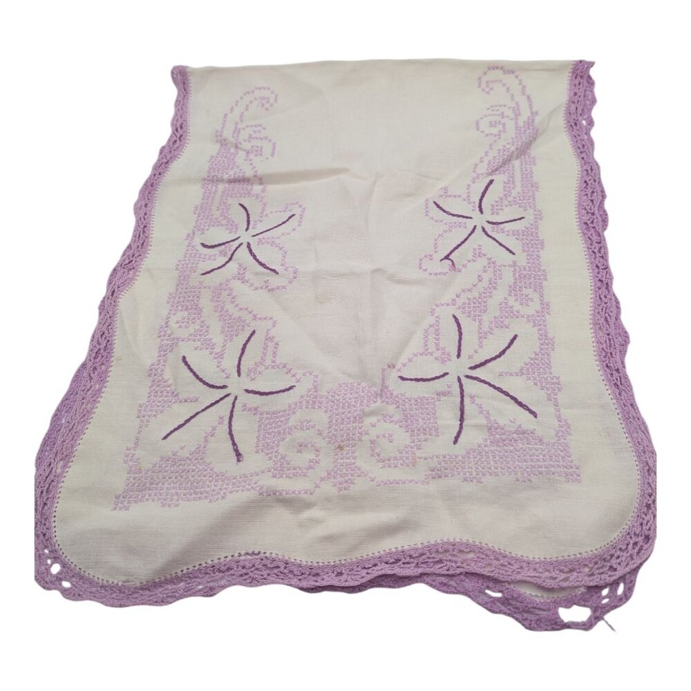 VTG Handcrafted Cross Stiched Table Runner Dresser Scarf Purple Crochet Trim